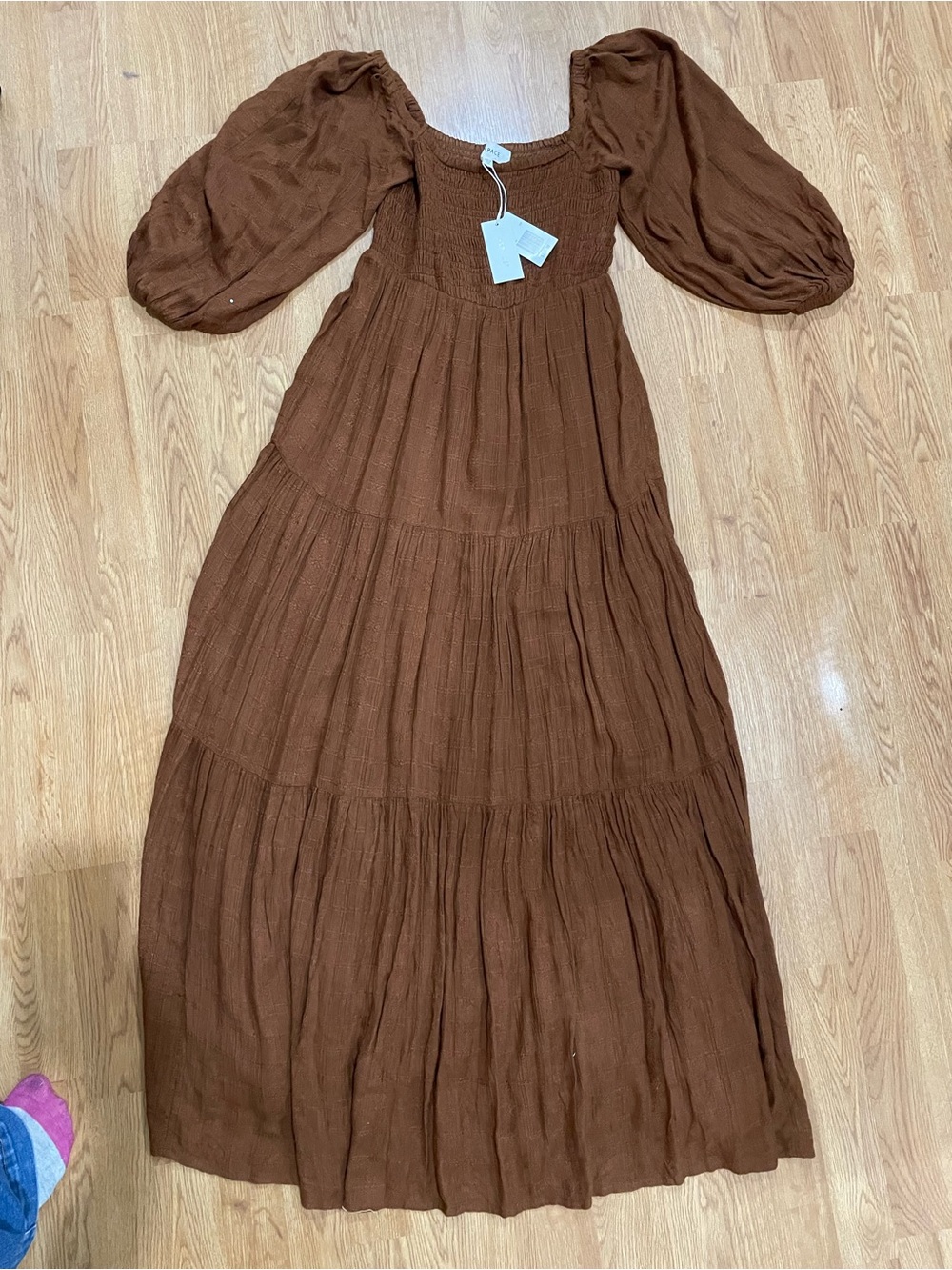 l*space Chestnut Brown Puff-Sleeve Tiered Maxi Dress